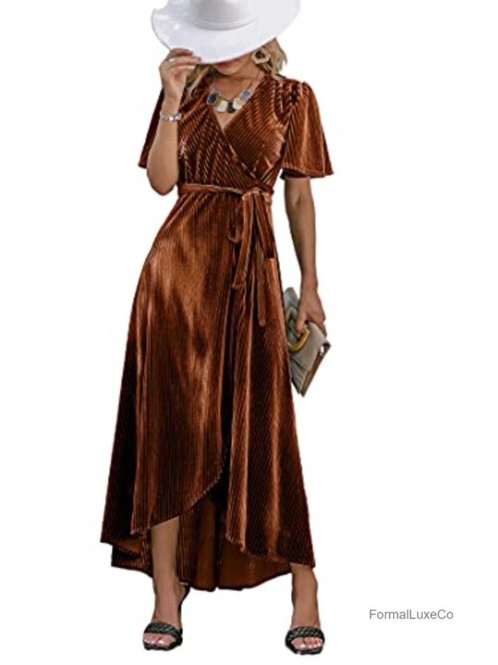 Velvet V Neck Wrap Semi Formal Cocktail Maxi Dress Wedding Guest